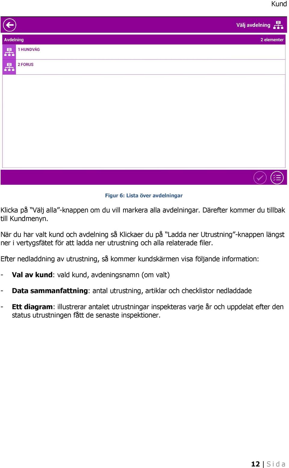 Efter nedladdning av utrustning, så kommer kundskärmen visa följande information: - Val av kund: vald kund, avdeningsnamn (om valt) - Data sammanfattning: antal