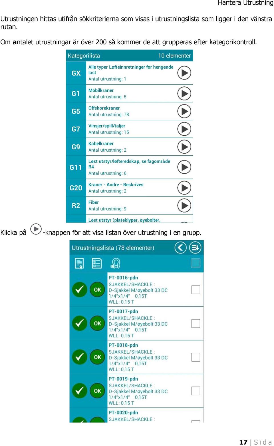 Om antalet utrustningar är över 200 så kommer de att grupperas efter