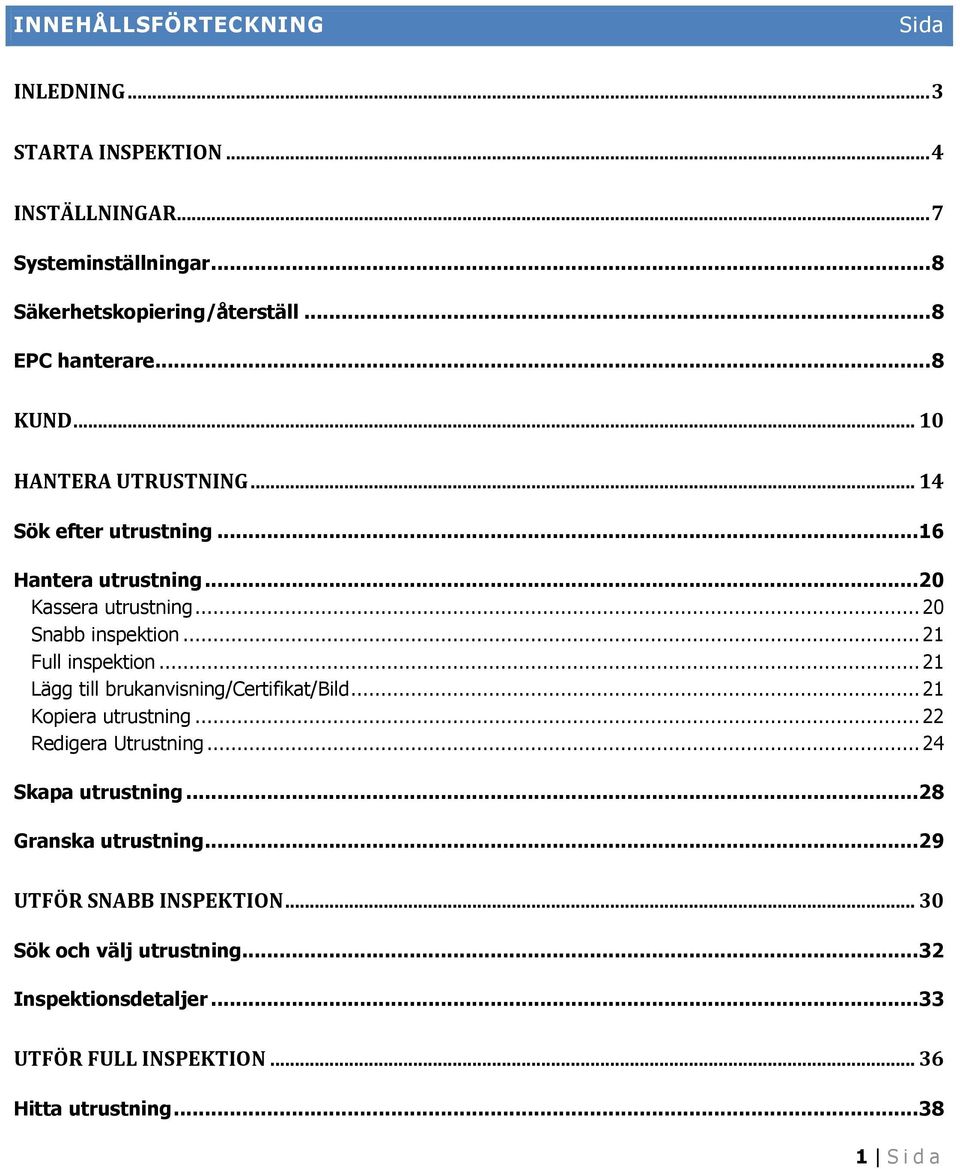 .. 21 Full inspektion... 21 Lägg till brukanvisning/certifikat/bild... 21 Kopiera utrustning... 22 Redigera Utrustning... 24 Skapa utrustning.