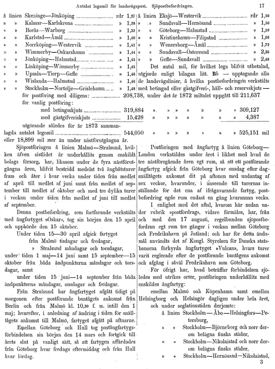 Halmstad» 1,46»» Stockholm Nortelje Grislehamn» 1,48 Antalet legomil för landsvägspost. Sjöpostbefordringen. 17 å linien Eksjö Westervik rdr 1,50».