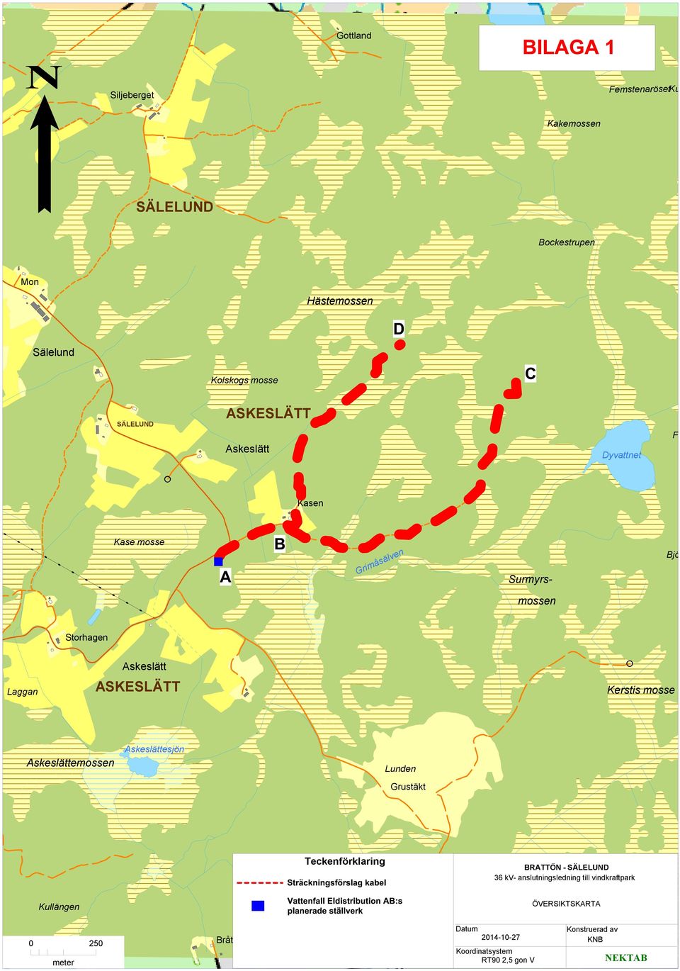 Kerstis mosse Askeslättemossen Askeslättesjön Lunden Grustäkt Teckenförklaring BRATTÖN - SÄLELUND 36 kv- anslutningsledning till