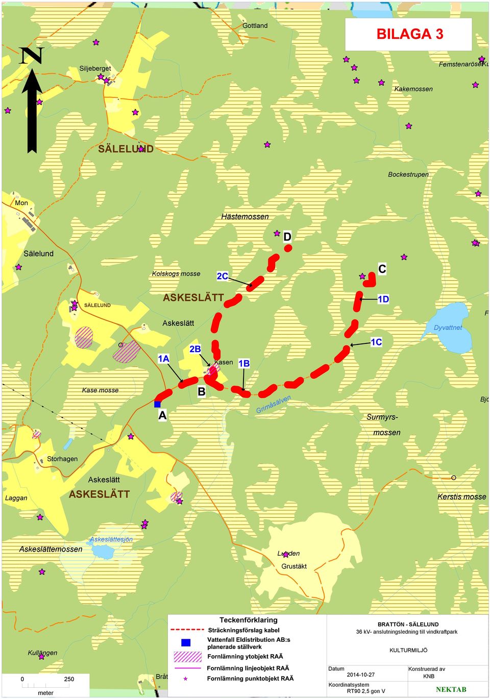 Kerstis mosse Askeslättemossen Askeslättesjön Lunden Grustäkt Teckenförklaring BRATTÖN - SÄLELUND 36 kv- anslutningsledning till