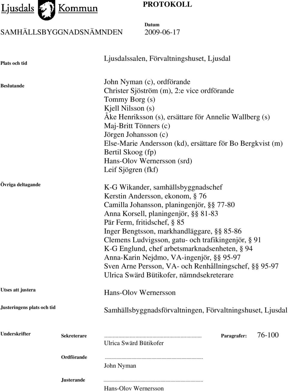 Bertil Skoog (fp) Hans-Olov Wernersson (srd) Leif Sjögren (fkf) K-G Wikander, samhällsbyggnadschef Kerstin Andersson, ekonom, 76 Camilla Johansson, planingenjör, 77-80 Anna Korsell, planingenjör,