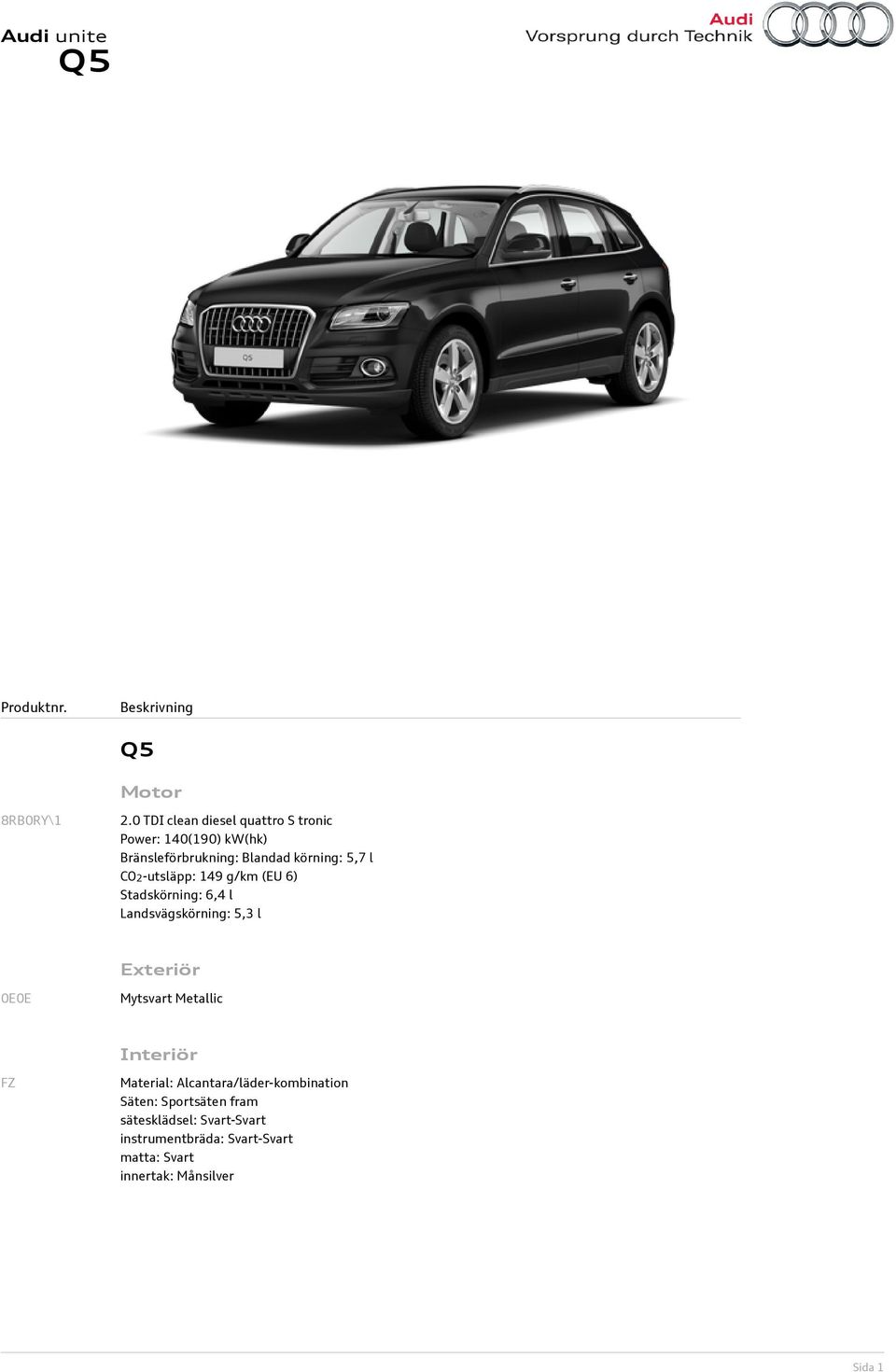 CO2-utsläpp: 149 g/km (EU 6) Stadskörning: 6,4 l Landsvägskörning: 5,3 l Exteriör 0E0E Mytsvart Metallic