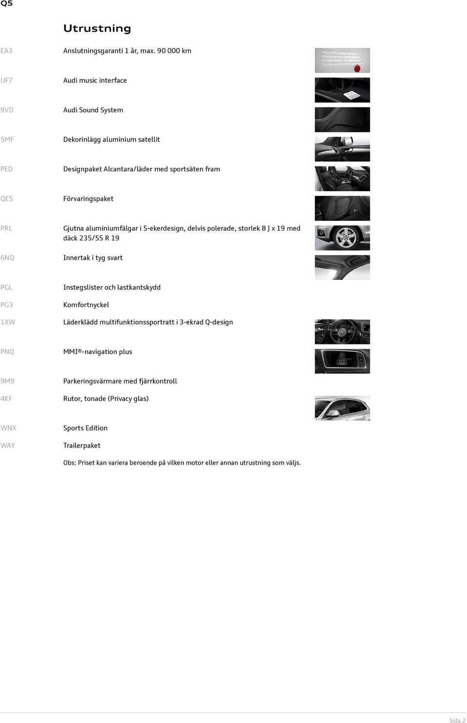 PRL 6NQ Gjutna aluminiumfälgar i 5-ekerdesign, delvis polerade, storlek 8 J x 19 med däck 235/55 R 19 Innertak i tyg svart PGL PG3 1XW Instegslister och lastkantskydd