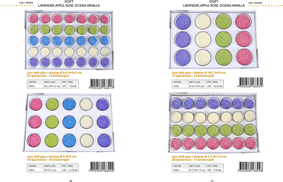 6,5 H=6,5 cm 455 7,90/stk 16843 Ø 10,7 H=6 cm 168 19,95/stk Ljus doft glas i display Ø 9 H=5 cm 15 ljus/bricka - 16 brickor/pall Ljus