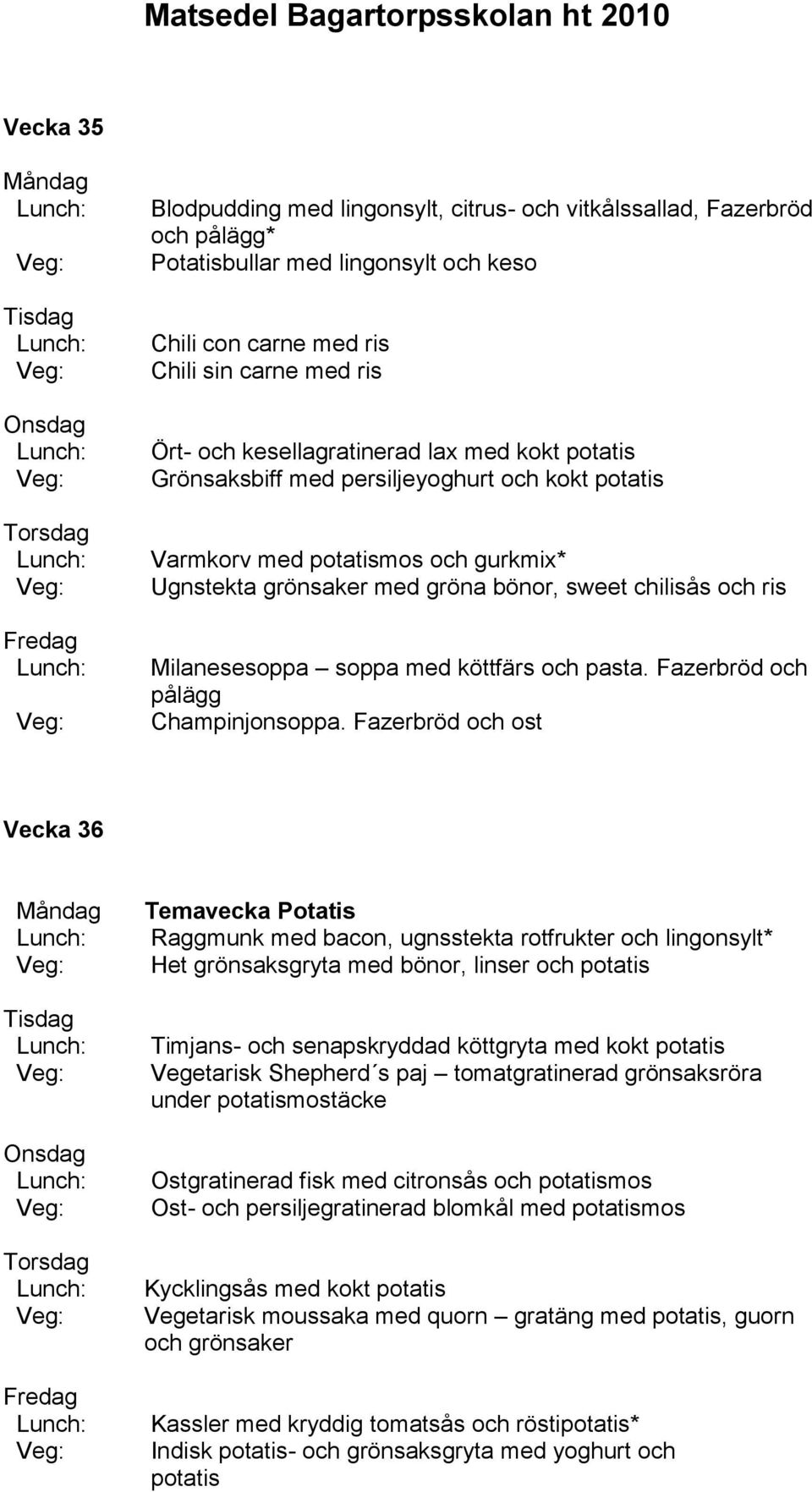 Fazerbröd och ost Vecka 36 Temavecka Potatis Raggmunk med bacon, ugnsstekta rotfrukter och lingonsylt* Het grönsaksgryta med bönor, linser och potatis Timjans- och senapskryddad köttgryta med kokt