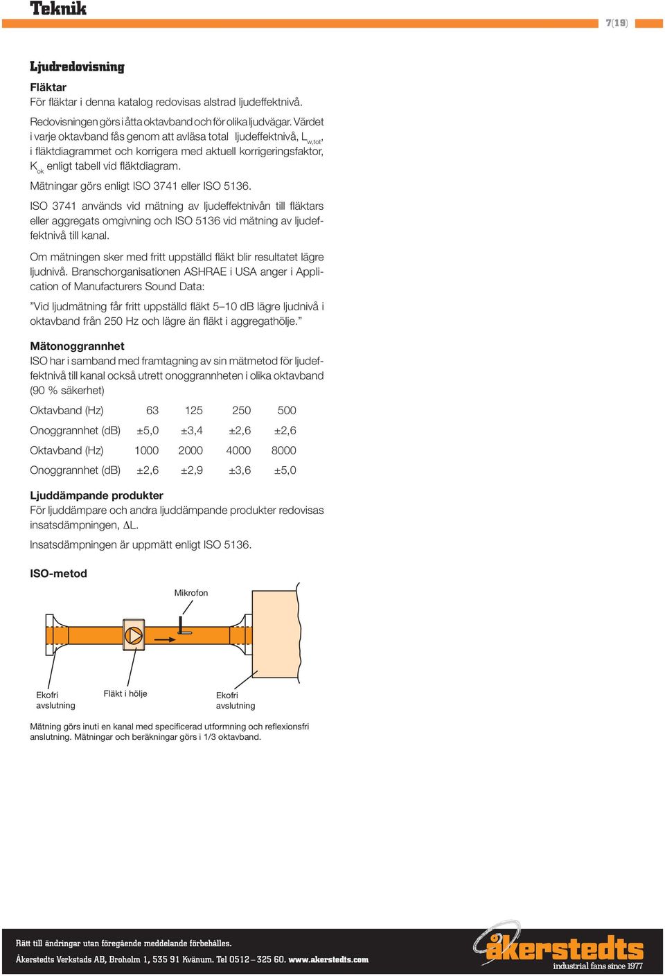Mätningar görs enligt ISO 3741 eller ISO 5136. ISO 3741 används vid mätning av ljudeffektnivån till fl äktars eller aggregats omgivning och ISO 5136 vid mätning av ljudeffektnivå till kanal.