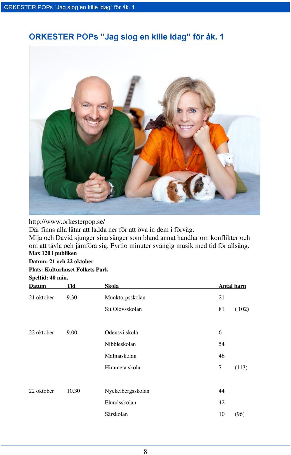 Mija och David sjunger sina sånger som bland annat handlar om konflikter och om att tävla och jämföra sig. Fyrtio minuter svängig musik med tid för allsång.