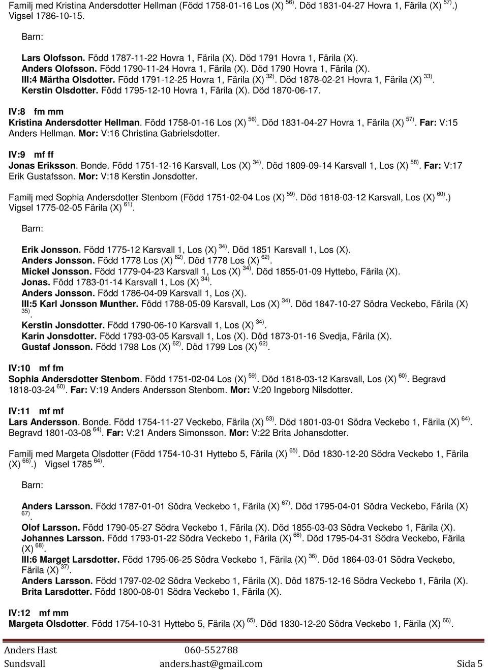 Död 1878-02-21 Hovra 1, Färila (X) 33). Kerstin Olsdotter. Född 1795-12-10 Hovra 1, Färila (X). Död 1870-06-17. IV:8 fm mm Kristina Andersdotter Hellman. Född 1758-01-16 Los (X) 56).