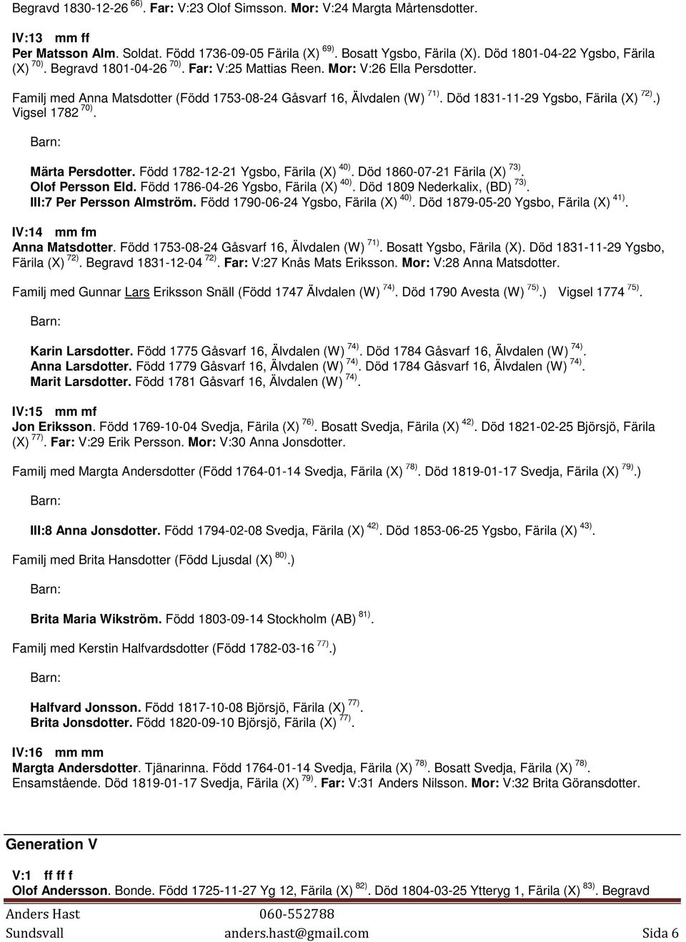 Död 1831-11-29 Ygsbo, Färila (X) 72).) Vigsel 1782 70). Märta Persdotter. Född 1782-12-21 Ygsbo, Färila (X) 40). Död 1860-07-21 Färila (X) 73). Olof Persson Eld. Född 1786-04-26 Ygsbo, Färila (X) 40).