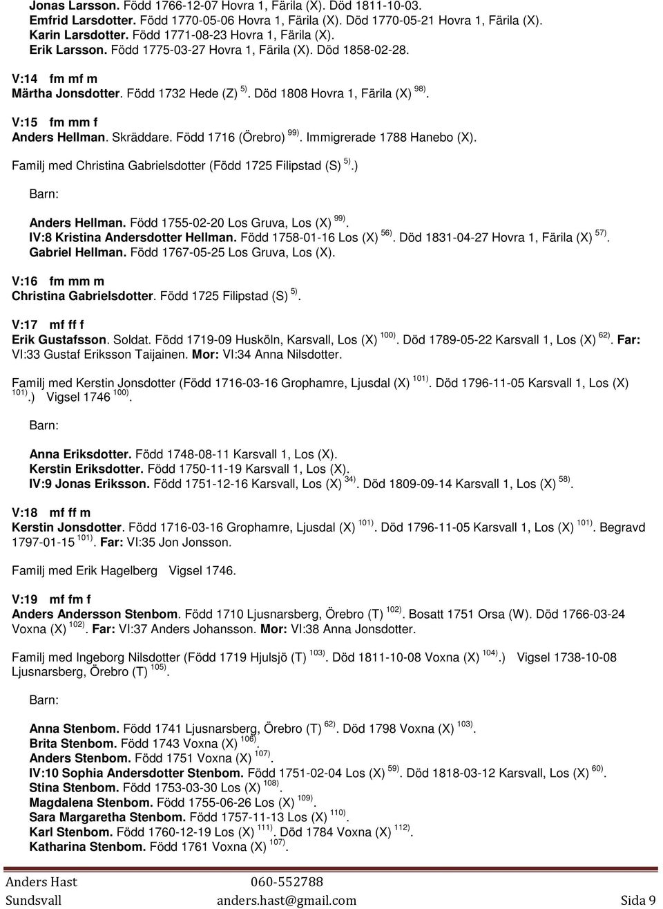 V:15 fm mm f Anders Hellman. Skräddare. Född 1716 (Örebro) 99). Immigrerade 1788 Hanebo (X). Familj med Christina Gabrielsdotter (Född 1725 Filipstad (S) 5).) Anders Hellman.