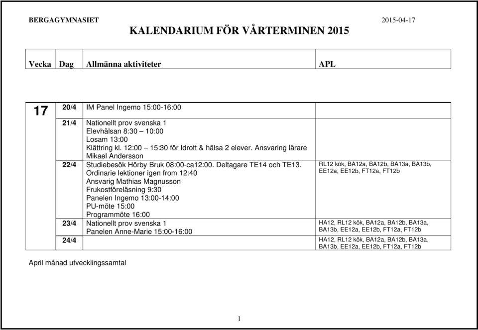 Ordinarie lektioner igen from 12:40 Ansvarig Mathias Magnusson Frukostföreläsning 9:30 Panelen Ingemo 13:00-14:00 PU-möte 15:00