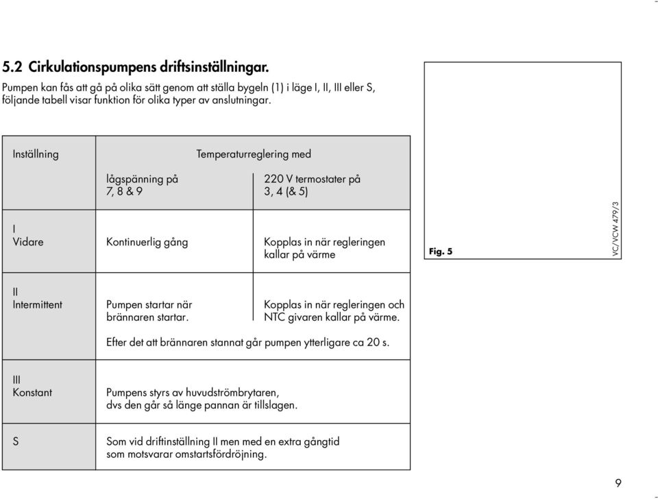 Inställning Temperaturreglering med lågspänning på 220 V termostater på 7, 8 & 9 3, 4 (& 5) I Vidare Kontinuerlig gång Kopplas in när regleringen kallar på värme Fig.