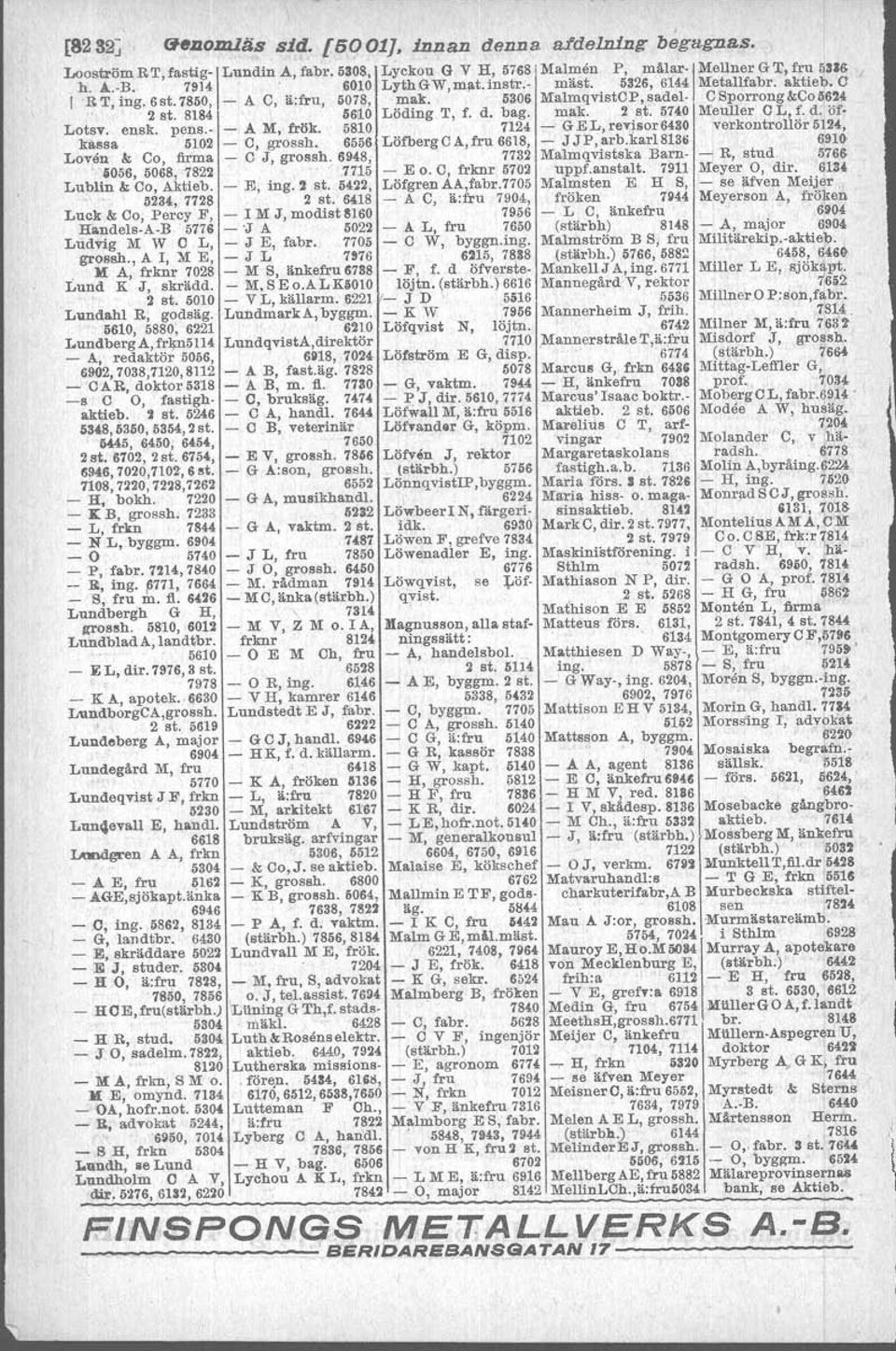 ensk. pens.- - A M, frök. 5810 7124 - GEL,reTtsor6430 verkontrouör5124, k&ssa 5102 - C, grossh. 6556 Löfberg CA, fru 6618, - J J P, &rb.kar1813g 6910 Loven &: Co, firma - C J, grossh.