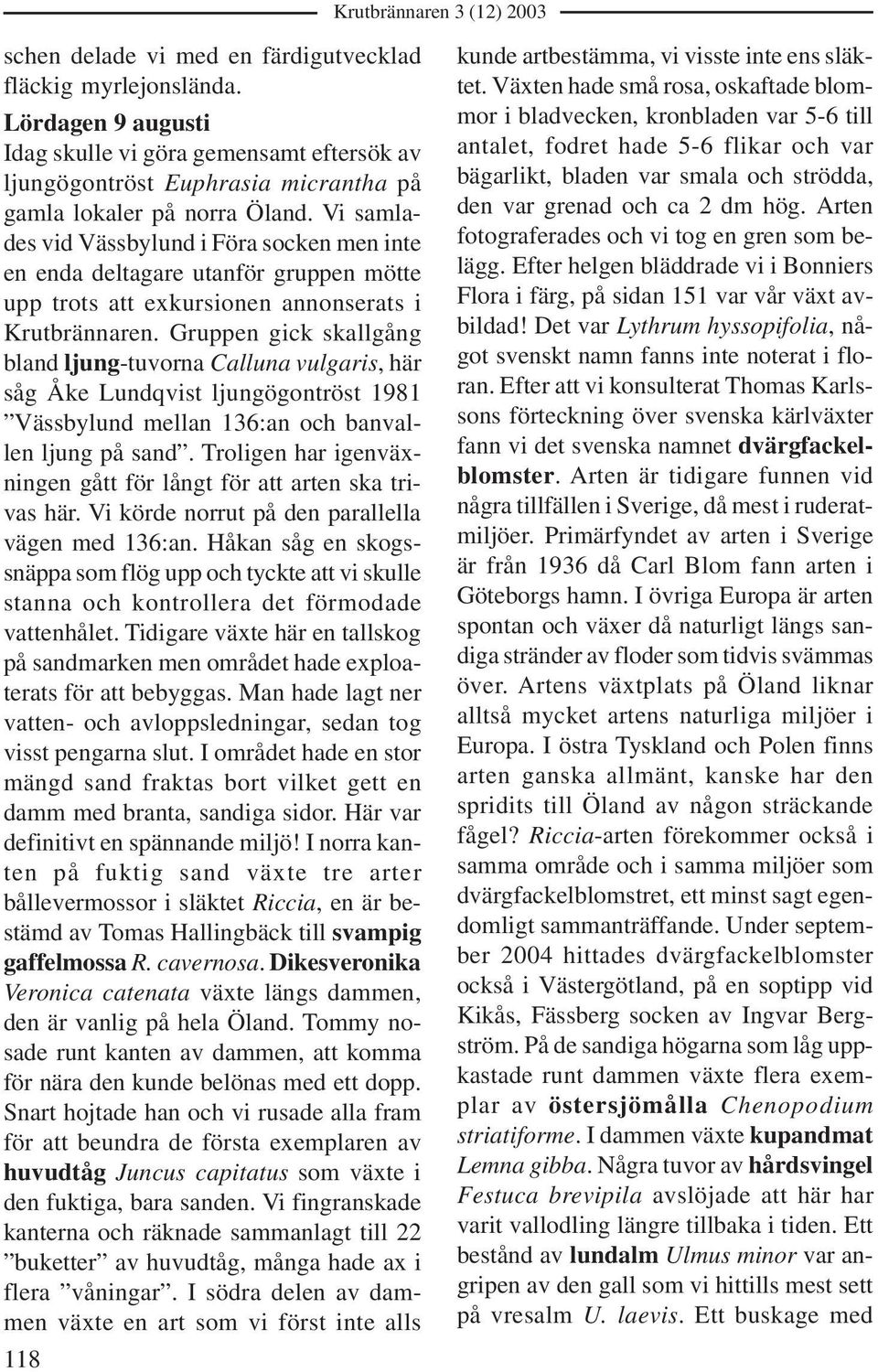 Gruppen gick skallgång bland ljung-tuvorna Calluna vulgaris, här såg Åke Lundqvist ljungögontröst 1981 Vässbylund mellan 136:an och banvallen ljung på sand.