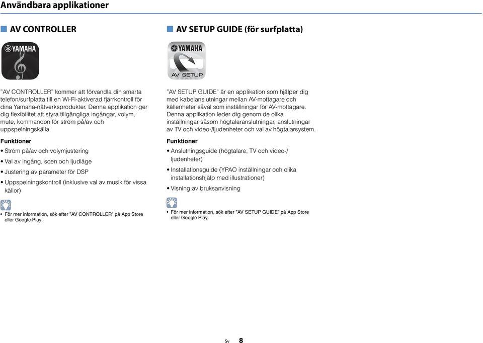 Funktioner Ström på/av och volymjustering Val av ingång, scen och ljudläge Justering av parameter för DSP Uppspelningskontroll (inklusive val av musik för vissa källor) AV SETUP GUIDE är en