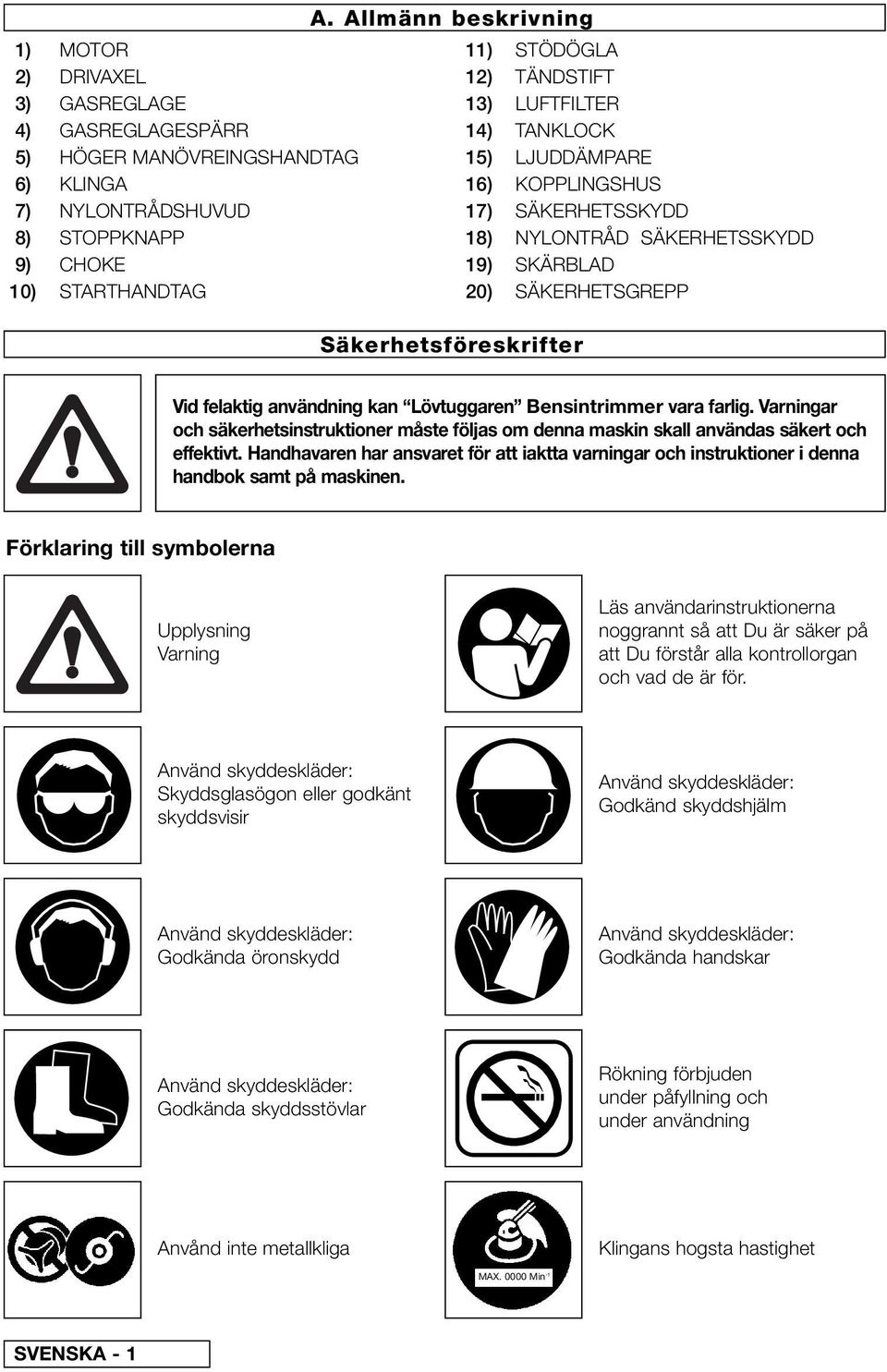 SÄKERHETSGREPP Vid felaktig användning kan Lövtuggaren Bensintrimmer vara farlig. Varningar och säkerhetsinstruktioner måste följas om denna maskin skall användas säkert och effektivt.