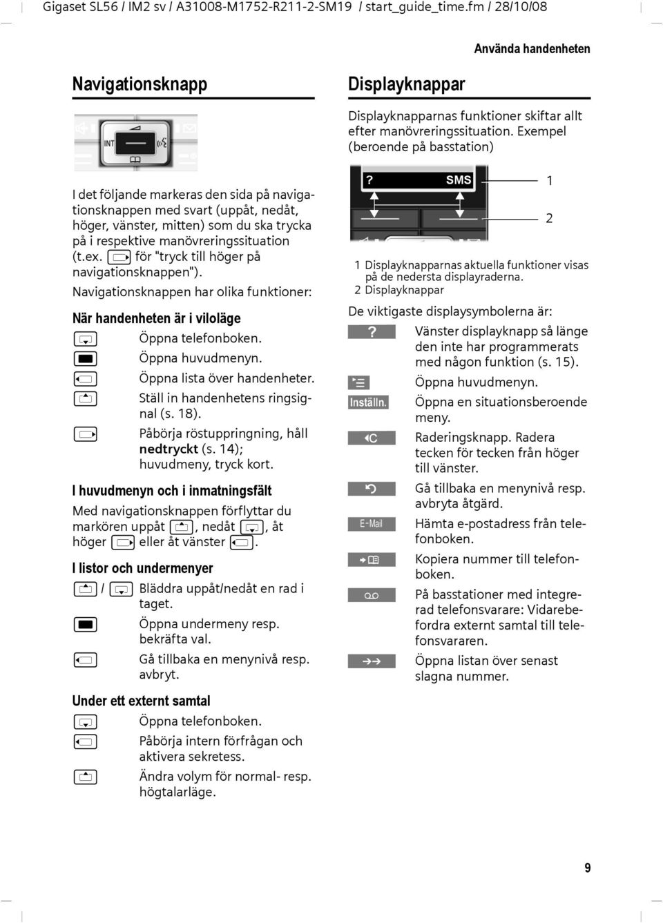 v för "tryck till höger på navigationsknappen"). Navigationsknappen har olika funktioner: När handenheten är i viloläge s Öppna telefonboken. w Öppna huvudmenyn. u Öppna lista över handenheter.