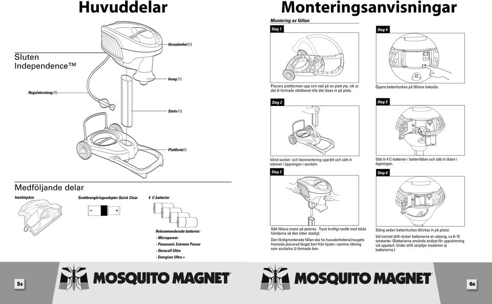 Steg 5 Medföljande delar Insektspåse Snabbrengöringsadapter Quick Clear 4 C-batterier Plattform(1) Vänd sockel- och benmontering upprätt och sätt in stativet i öppningen i sockeln.