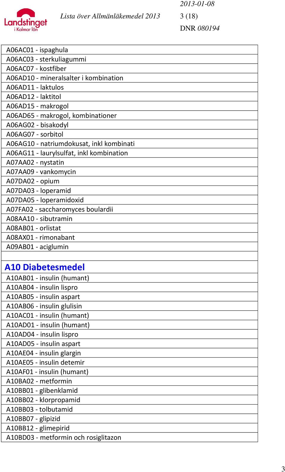 A07DA02 - opium A07DA03 - loperamid A07DA05 - loperamidoxid A07FA02 - saccharomyces boulardii A08AA10 - sibutramin A08AB01 - orlistat A08AX01 - rimonabant A09AB01 - aciglumin A10 Diabetesmedel