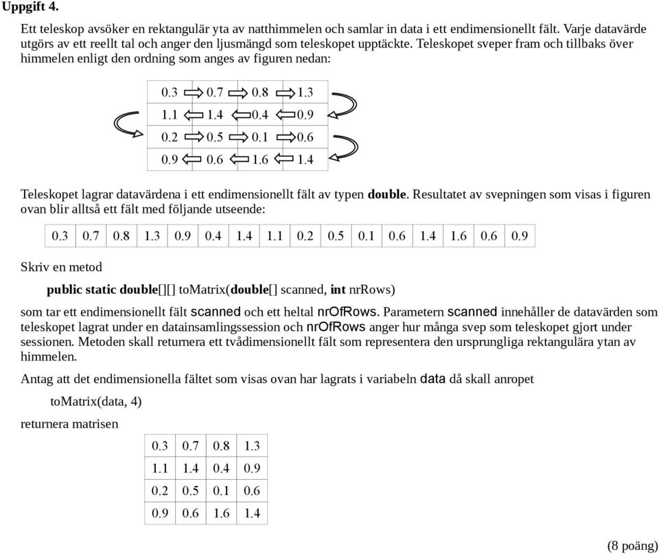 Teleskopet sveper fram och tillbaks över himmelen enligt den ordning som anges av figuren nedan: Teleskopet lagrar datavärdena i ett endimensionellt fält av typen double.