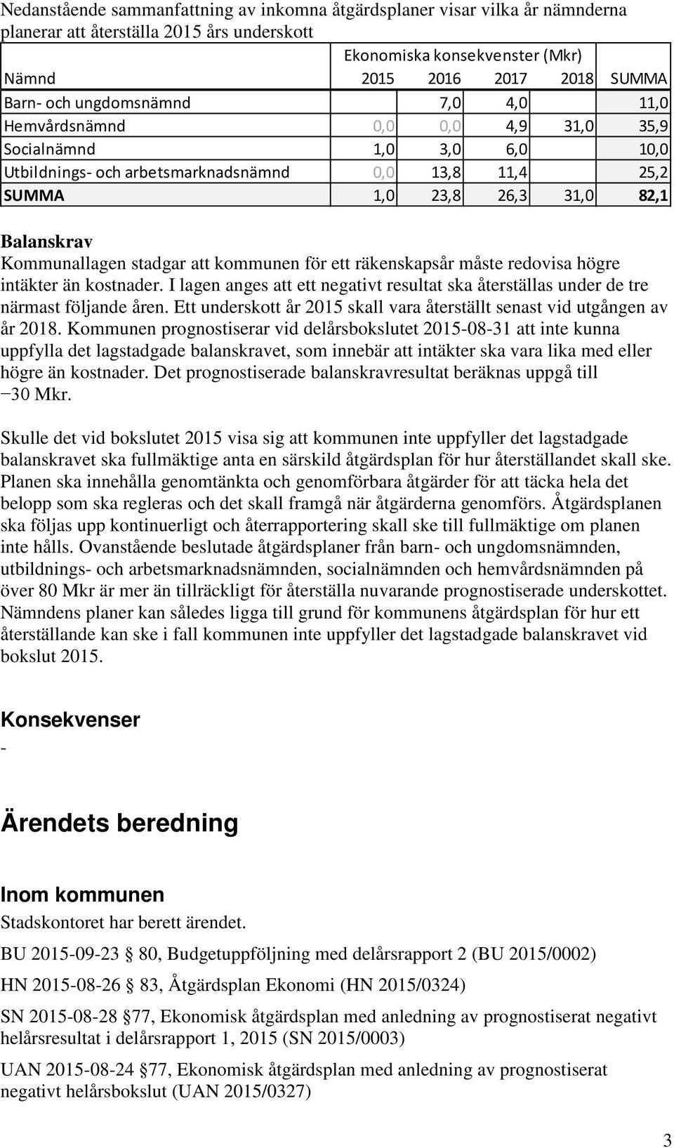 Kommunallagen stadgar att kommunen för ett räkenskapsår måste redovisa högre intäkter än kostnader. I lagen anges att ett negativt resultat ska återställas under de tre närmast följande åren.