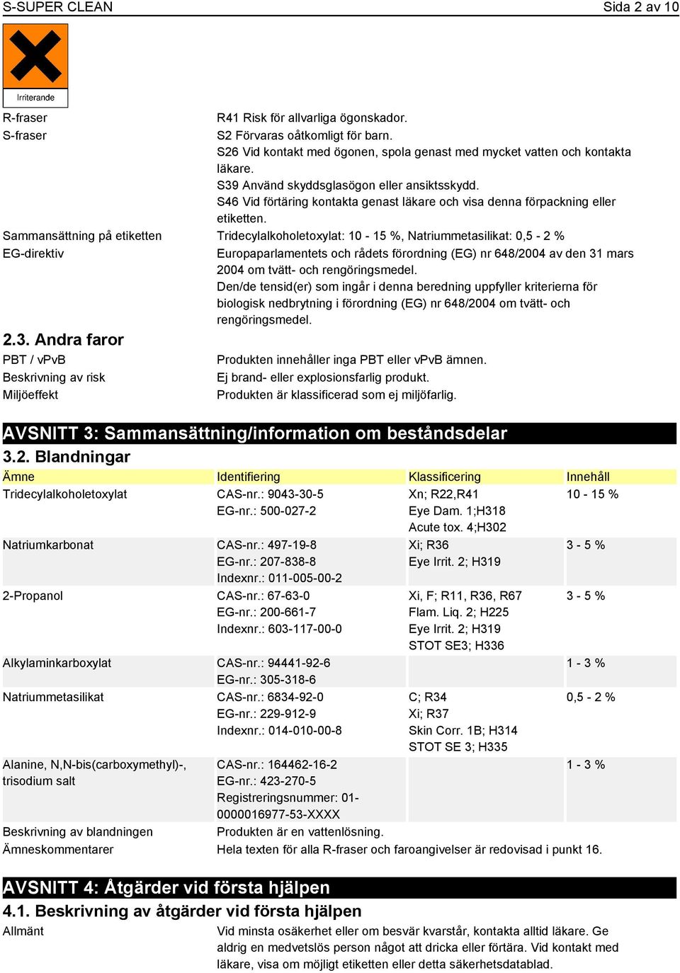 Sammansättning på etiketten Tridecylalkoholetoxylat: 10-15 %, Natriummetasilikat: 0,5-2 % EG-direktiv Europaparlamentets och rådets förordning (EG) nr 648/2004 av den 31 mars 2004 om tvätt- och