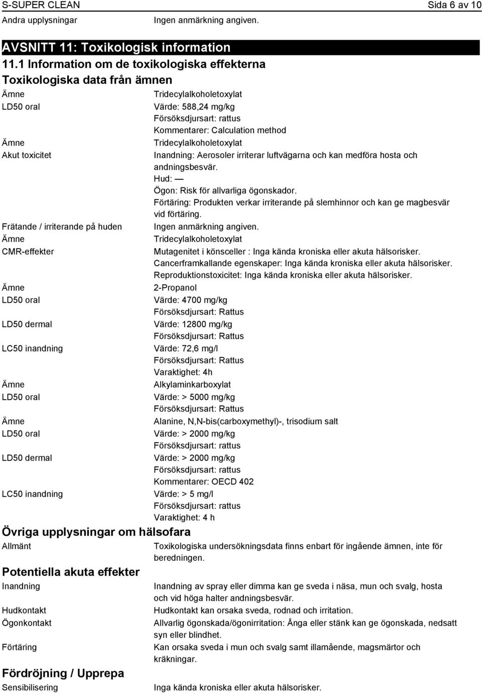 inandning LD50 oral LD50 oral LD50 dermal LC50 inandning Övriga upplysningar om hälsofara Allmänt Potentiella akuta effekter Inandning Hudkontakt Ögonkontakt Förtäring Fördröjning / Upprepa