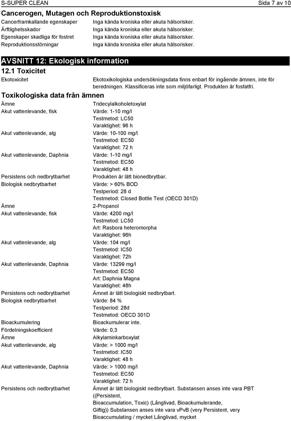 Reproduktionsstörningar Inga kända kroniska eller akuta hälsorisker. AVSNITT 12: Ekologisk information 12.