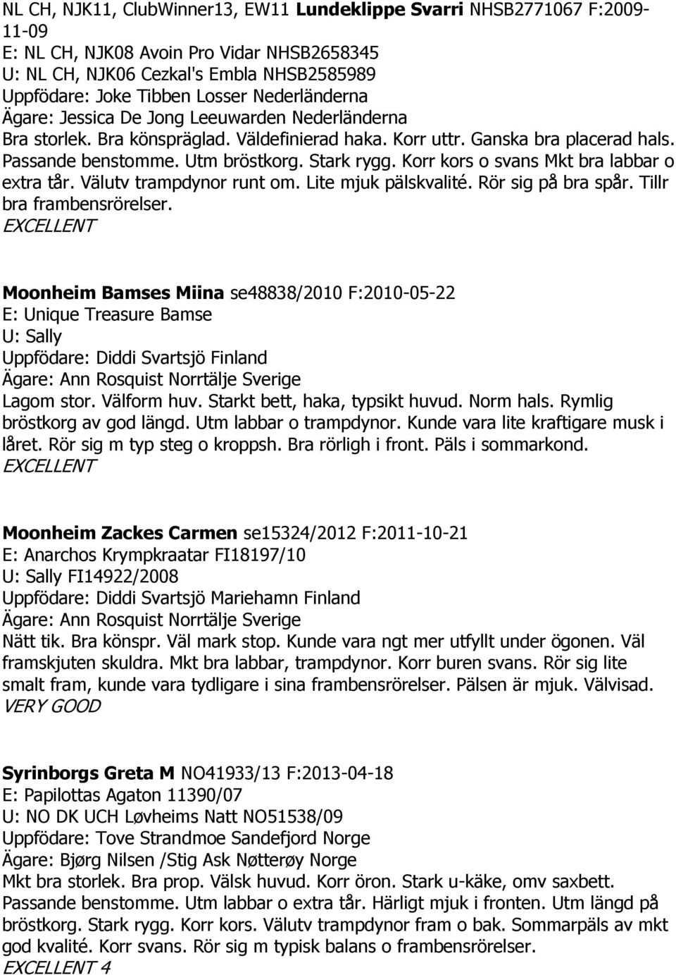 Korr kors o svans Mkt bra labbar o extra tår. Välutv trampdynor runt om. Lite mjuk pälskvalité. Rör sig på bra spår. Tillr bra frambensrörelser.