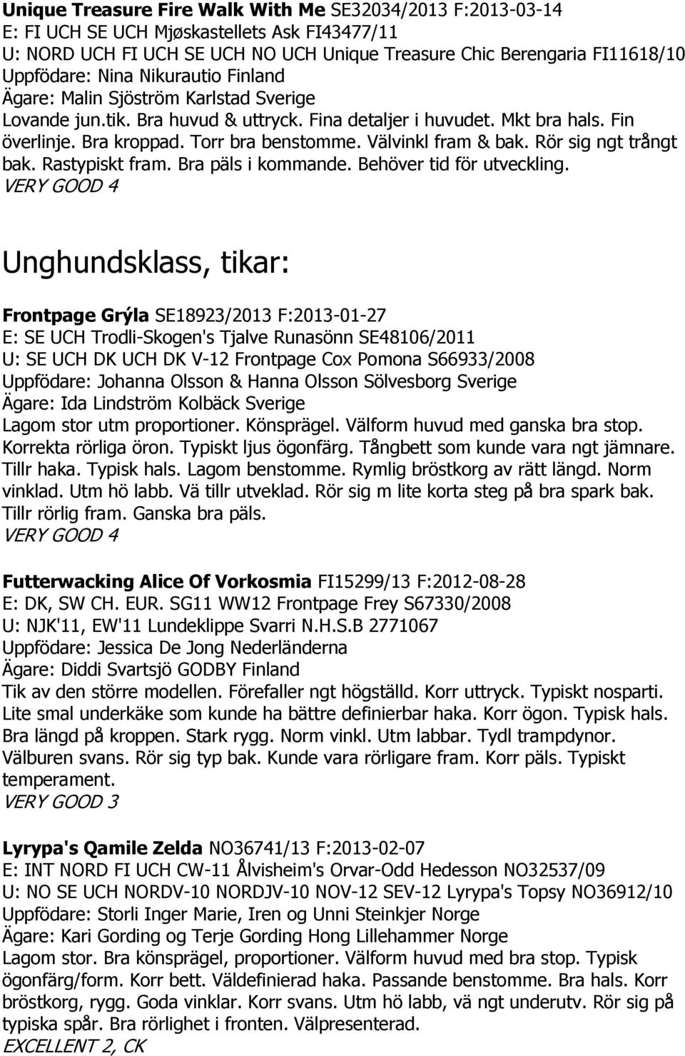Välvinkl fram & bak. Rör sig ngt trångt bak. Rastypiskt fram. Bra päls i kommande. Behöver tid för utveckling.