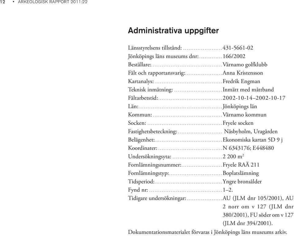 ..........................inmätt med måttband Fältarbetstid:....................................2002-10-14 2002-10-17 Län:...............................................Jönköpings län Kommun:.