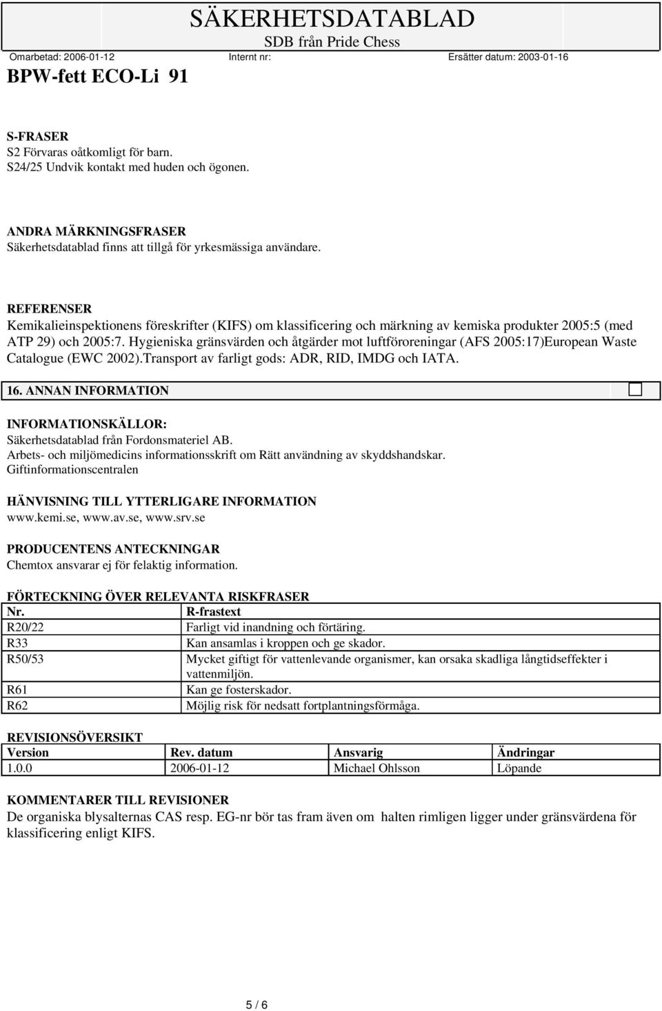 Hygieniska gränsvärden och åtgärder mot luftföroreningar (AFS 2005:17)European Waste Catalogue (EWC 2002).Transport av farligt gods: ADR, RID, IMDG och IATA. 16.