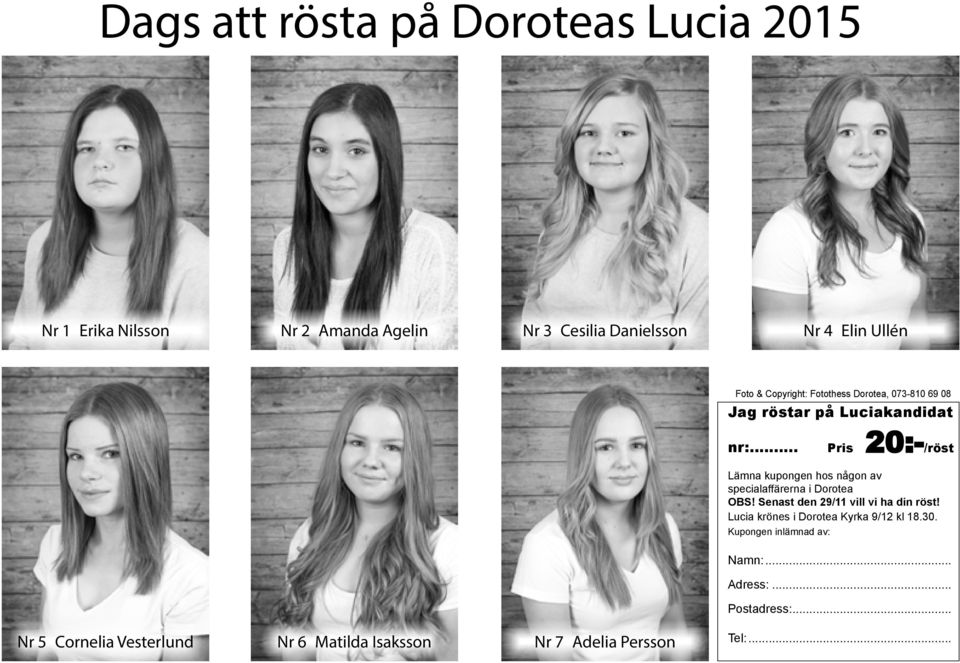 .. Pris 20:-/röst Lämna kupongen hos någon av specialaffärerna i Dorotea OBS! Senast den 29/11 vill vi ha din röst!