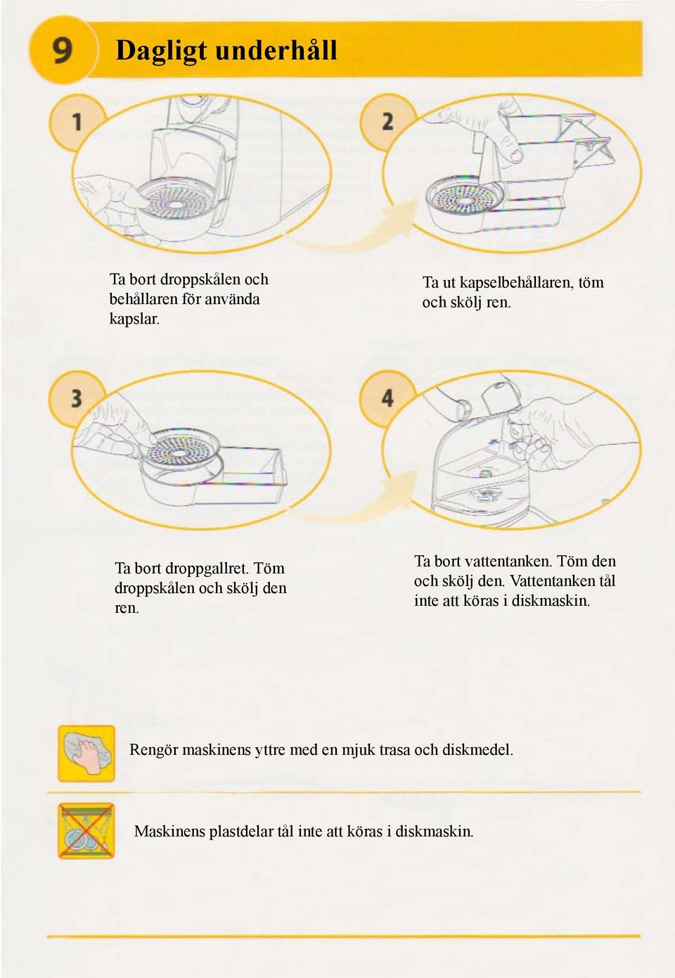 Töm droppskålen och skölj den ren. Ta bort vattentanken. Töm den och skölj den.