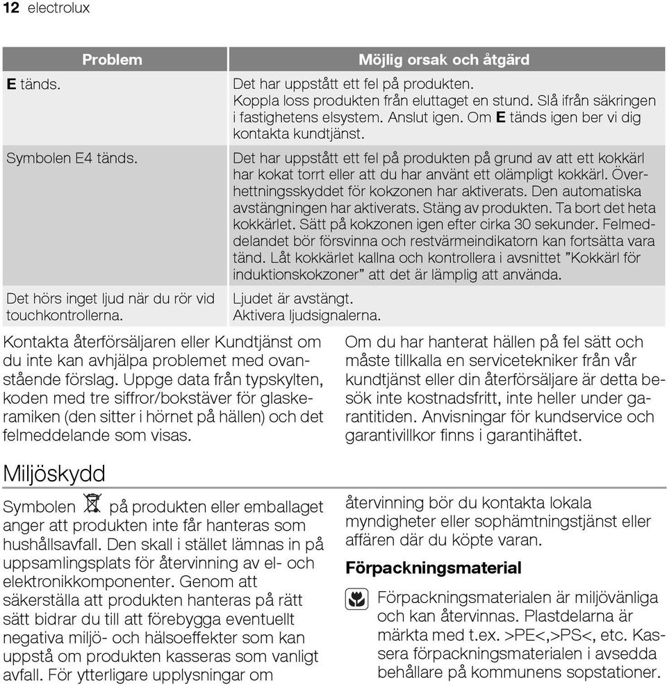 Uppge data från typskylten, koden med tre siffror/bokstäver för glaskeramiken (den sitter i hörnet på hällen) och det felmeddelande som visas.