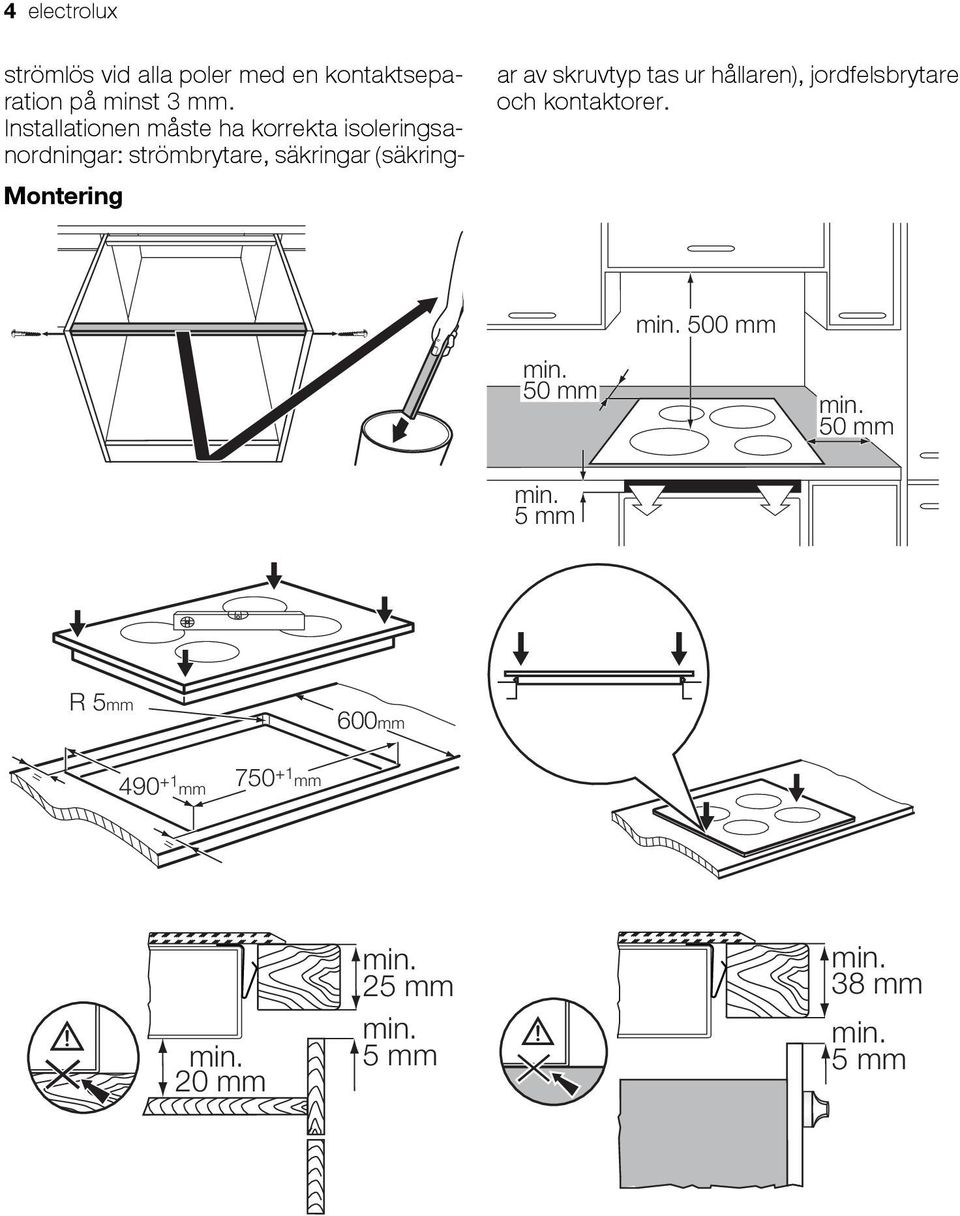 skruvtyp tas ur hållaren), jordfelsbrytare och kontaktorer. min. 50 mm min. 500 mm min.