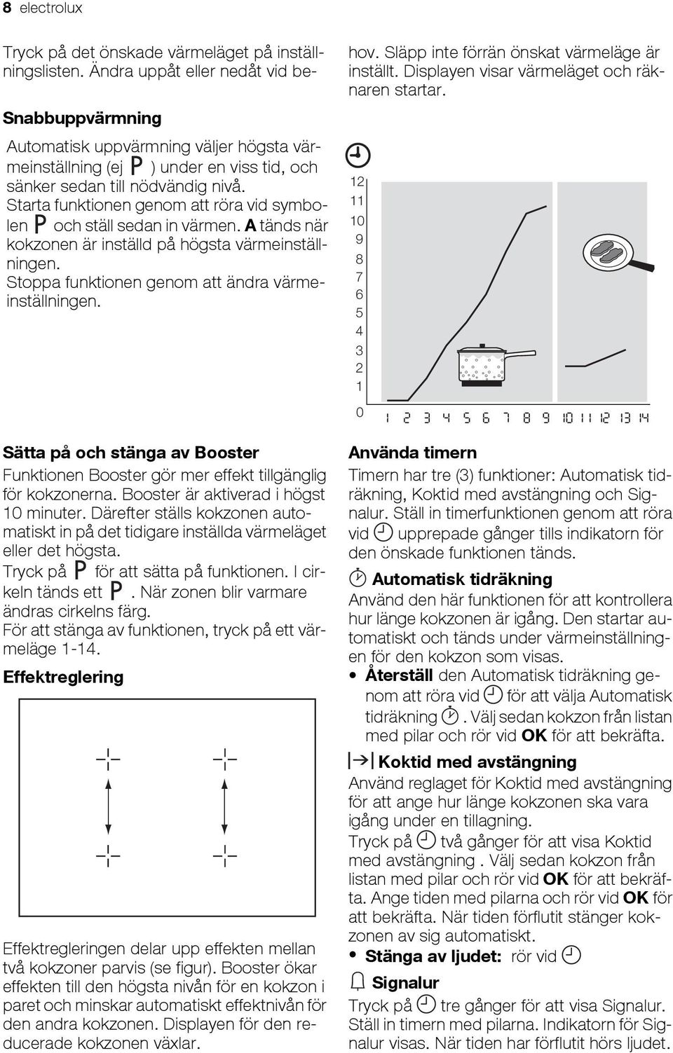 Sätta på och stänga av Booster Funktionen Booster gör mer effekt tillgänglig för kokzonerna. Booster är aktiverad i högst 10 minuter.