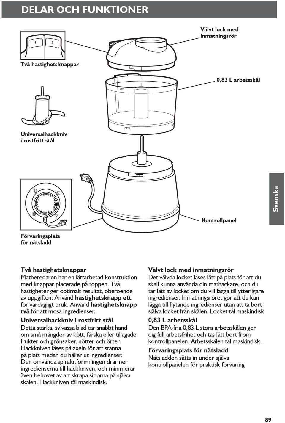 Två hastigheter ger optimalt resultat, oberoende av uppgiften: Använd hastighetsknapp ett för vardagligt bruk. Använd hastighetsknapp två för att mosa ingredienser.