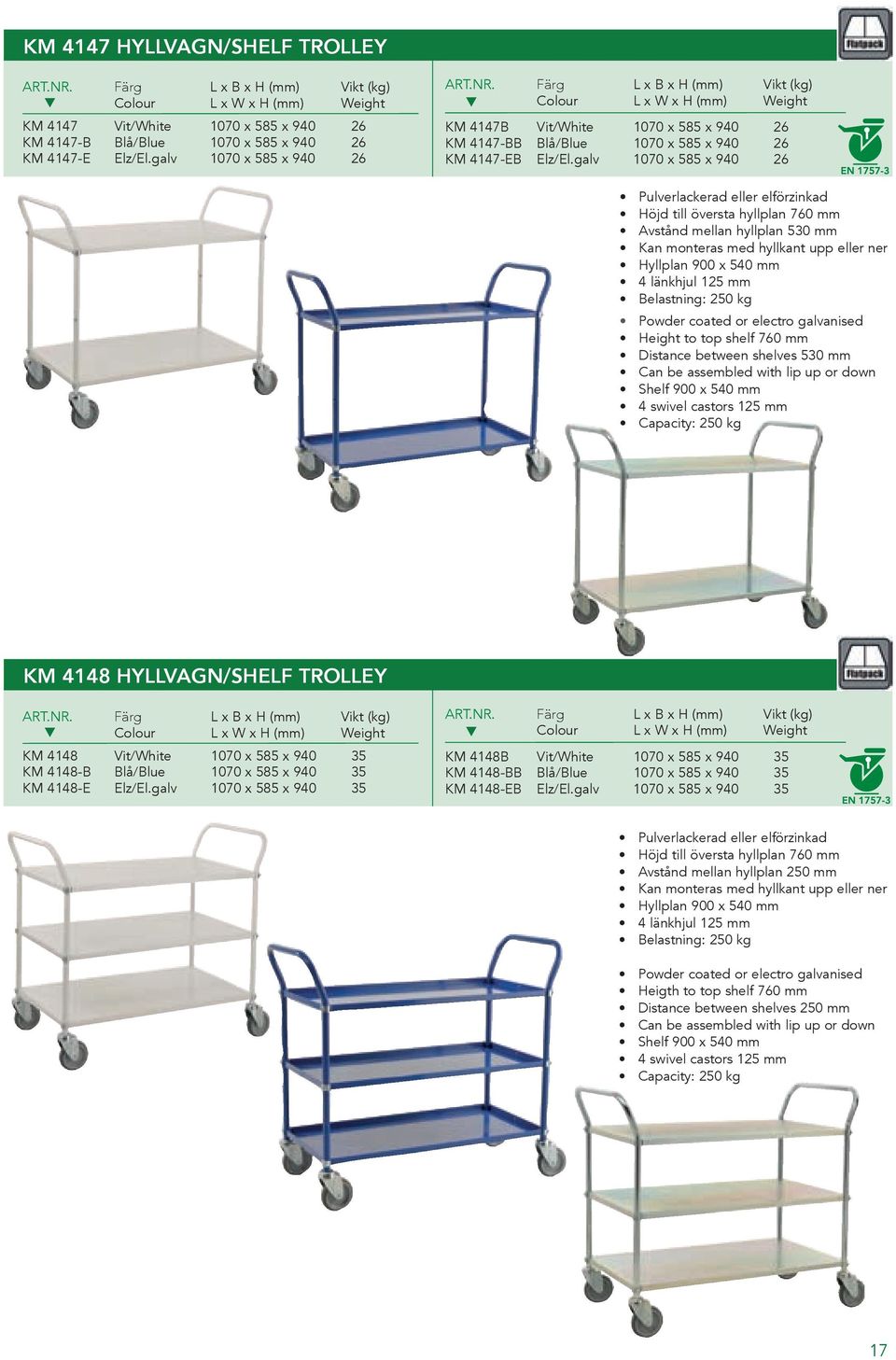 galv 1070 x 585 x 940 26 Pulverlackerad eller elförzinkad Höjd till översta hyllplan 760 mm Avstånd mellan hyllplan 530 mm Kan monteras med hyllkant upp eller ner Hyllplan 900 x 540 mm 4 länkhjul 125