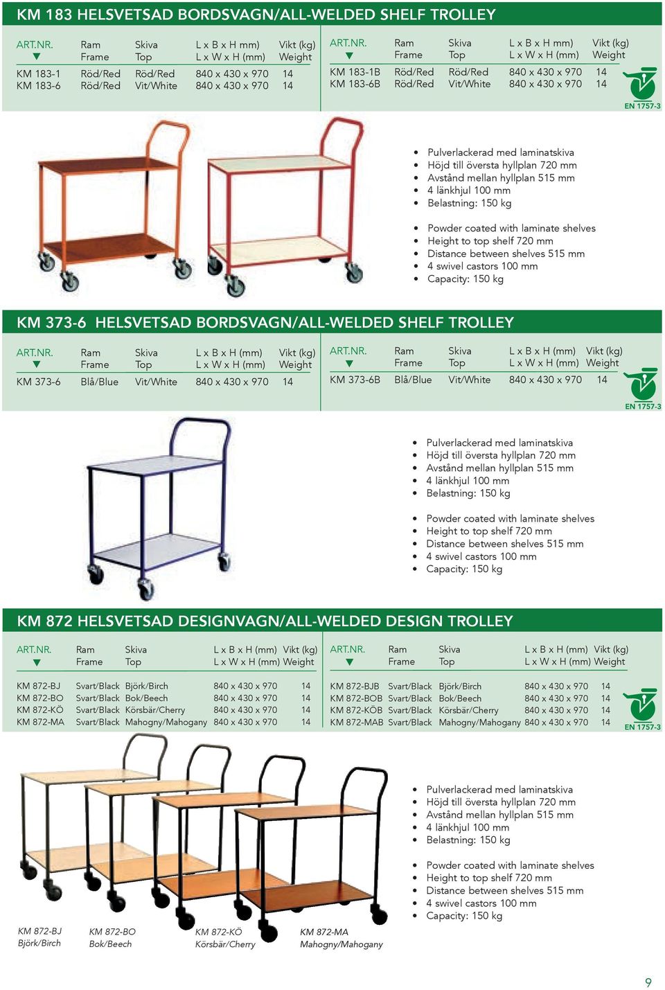 720 mm Avstånd mellan hyllplan 515 mm 4 länkhjul 100 mm Belastning: 150 kg Powder coated with laminate shelves Height to top shelf 720 mm Distance between shelves 515 mm 4 swivel castors 100 mm