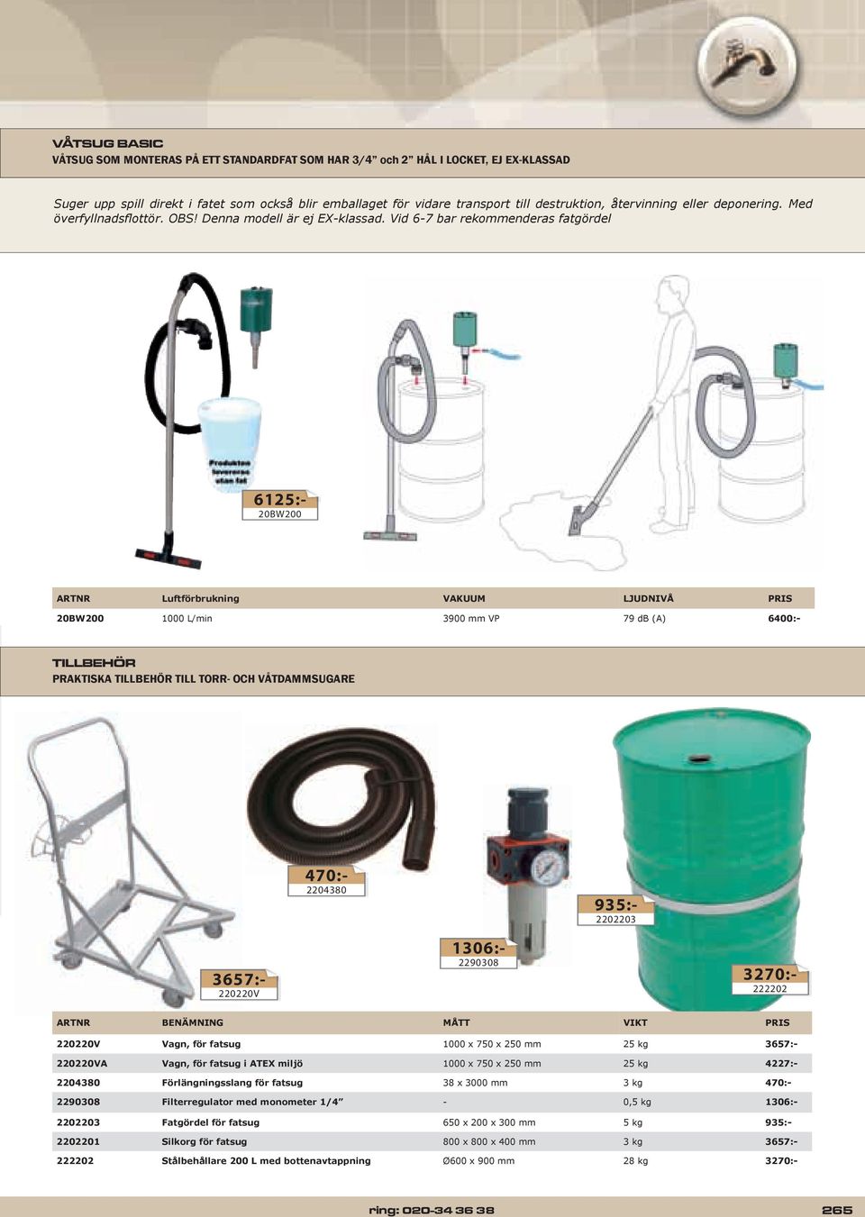 Vid 6-7 bar rekommenderas fatgördel 6125:- 20BW200 ARTNR Luftförbrukning VAKUUM LJUDNIVÅ PRIS TILLBEHÖR PRAKTISKA TILLBEHÖR TILL TORR- OCH VÅTDAMMSUGARE 470:- 2204380 935:- 2202203 3657:- 220220V