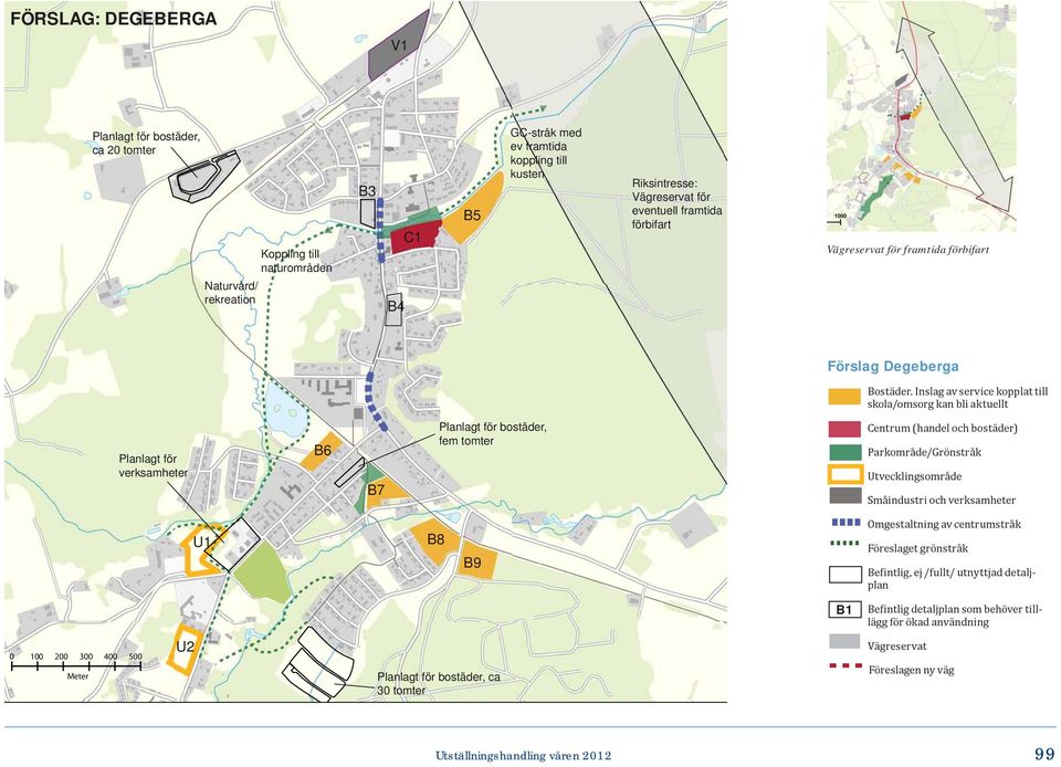 Inslag av service kopplat till skola/omsorg kan bli aktuellt Planlagt för verksamheter B6 B7 Planlagt för bostäder, fem tomter Centrum (handel och bostäder) Parkområde/Grönstråk Utvecklingsområde