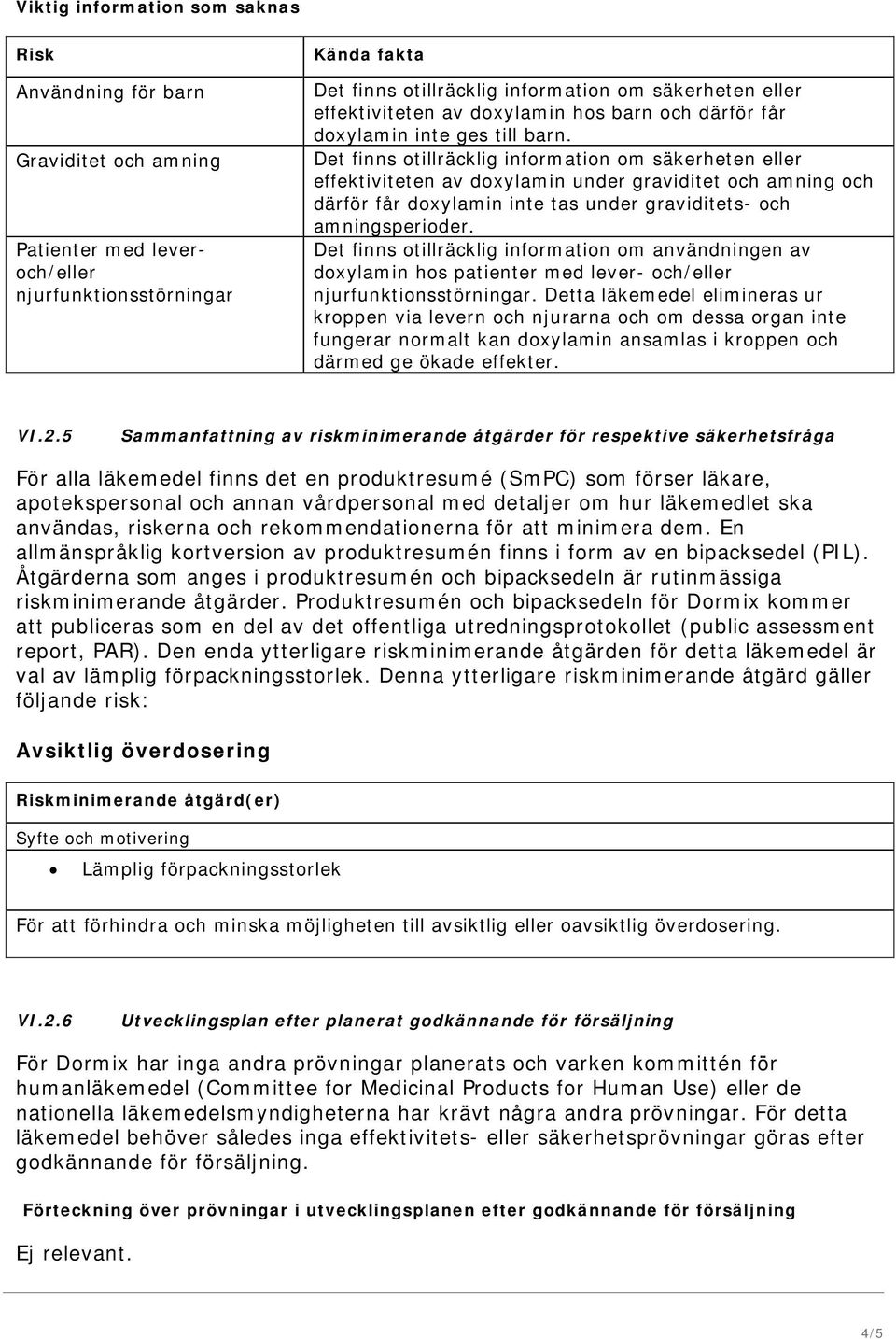 Det finns otillräcklig information om säkerheten eller effektiviteten av doxylamin under graviditet och amning och därför får doxylamin inte tas under graviditets- och amningsperioder.