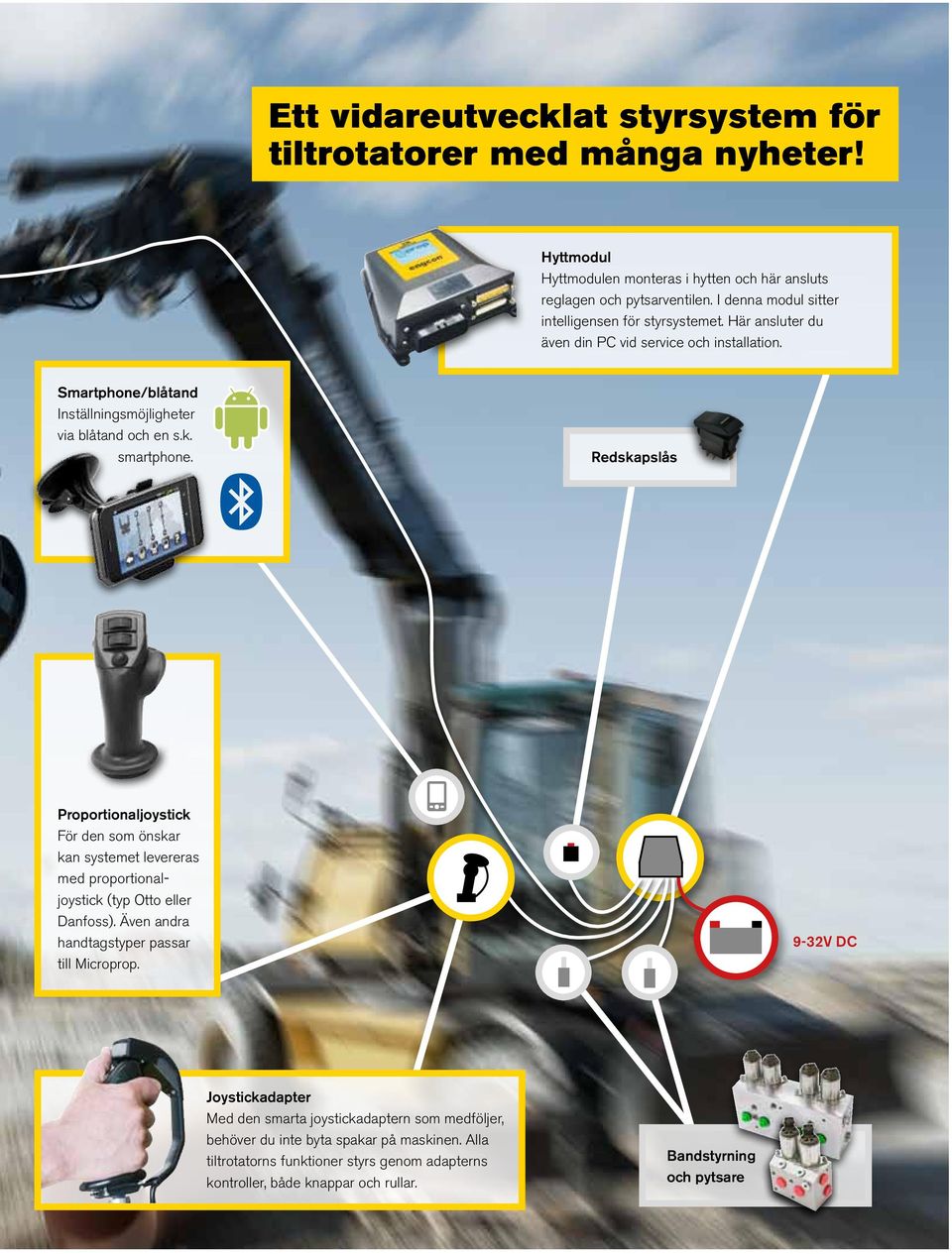 smartphone. Redskapslås Proportionaljoystick För den som önskar kan systemet levereras med proportionaljoystick (typ Otto eller Danfoss). Även andra handtagstyper passar till Microprop.