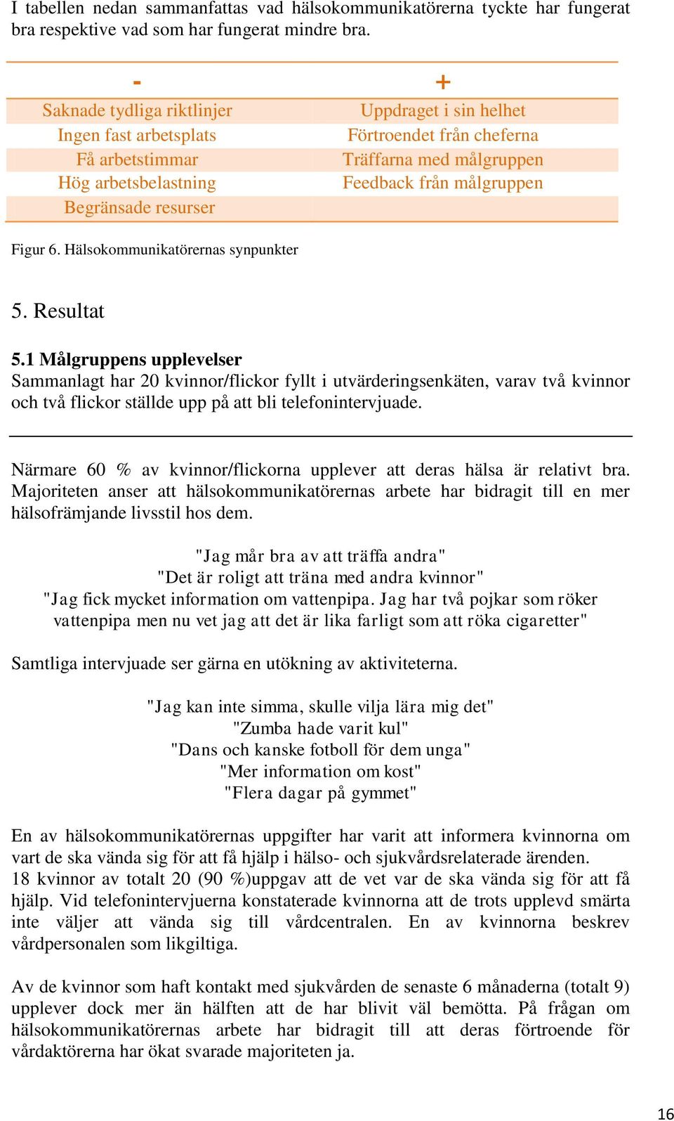 Hälsokommunikatörernas synpunkter Uppdraget i sin helhet Förtroendet från cheferna Träffarna med målgruppen Feedback från målgruppen 5. Resultat 5.