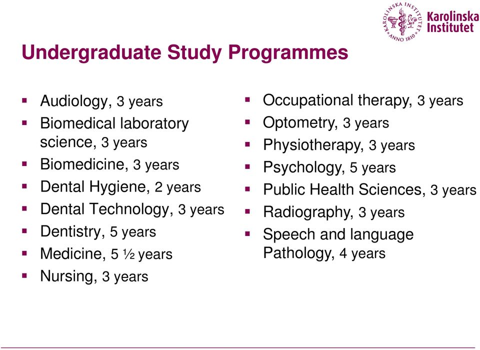 Medicine, 5 ½ years Nursing, 3 years Occupational therapy, 3 years Optometry, 3 years
