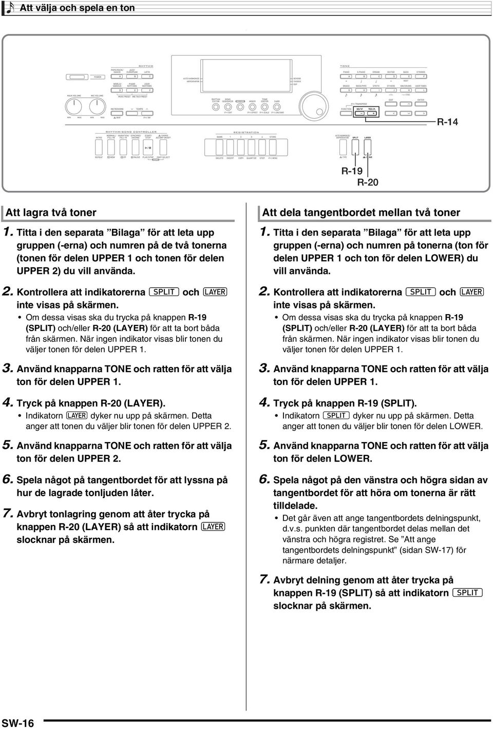 du vill använda. 2. Kontrollera att indikatorerna @ och A inte visas på skärmen. m dessa visas ska du trycka på knappen R-19 (SPLIT) och/eller R-20 (LAYER) för att ta bort båda från skärmen.