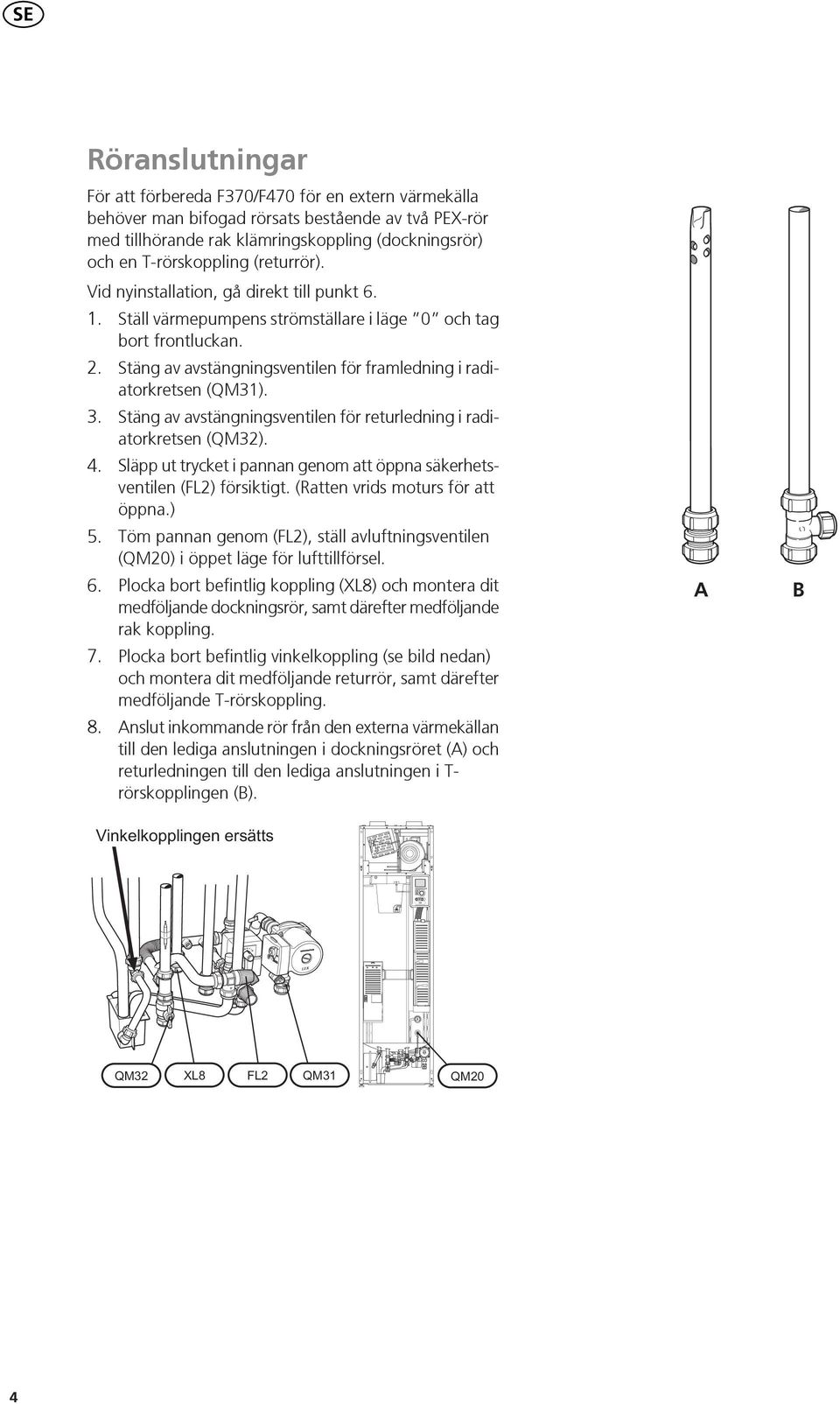 . Stäng av avstängningsventilen för returledning i radiatorkretsen (QM).. Släpp ut trycket i pannan genom att öppna säkerhetsventilen (F) försiktigt. (Ratten vrids moturs för att öppna.). Töm pannan genom (F), ställ avluftningsventilen (QM0) i öppet läge för lufttillförsel.